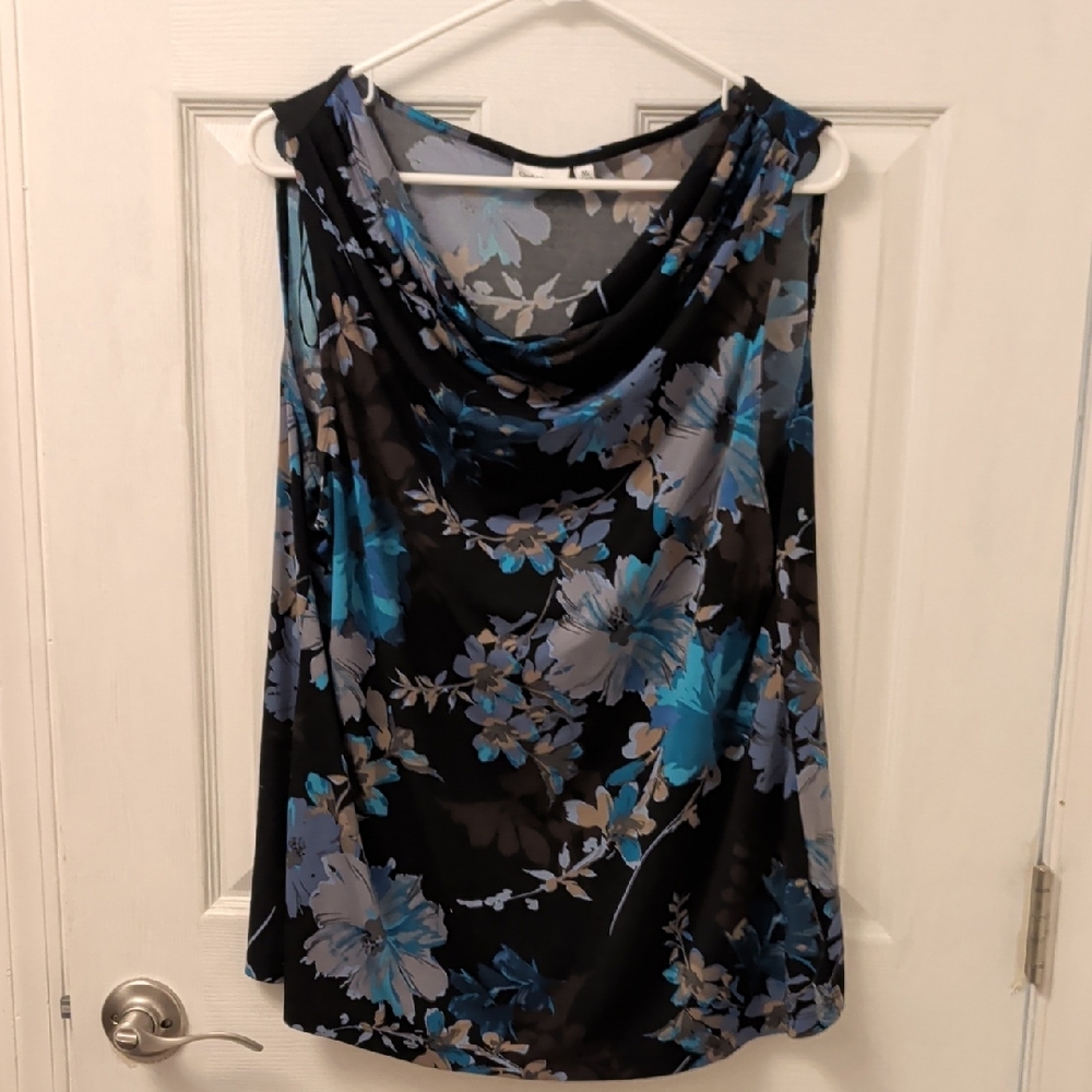 Floral Sleeveless Cowl Neck Top - Blue and Black